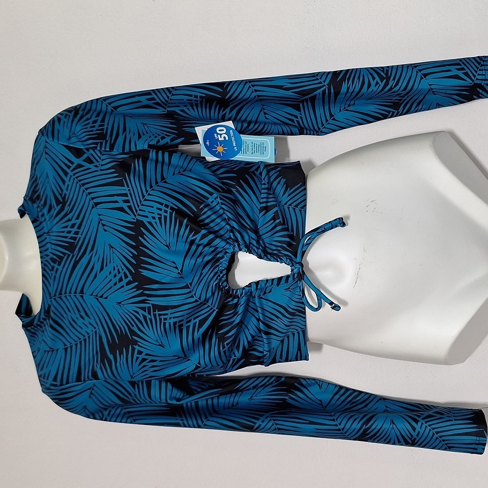 Wave Zone Long Sleeve Crop Rash Guard Swim Top Blue Black